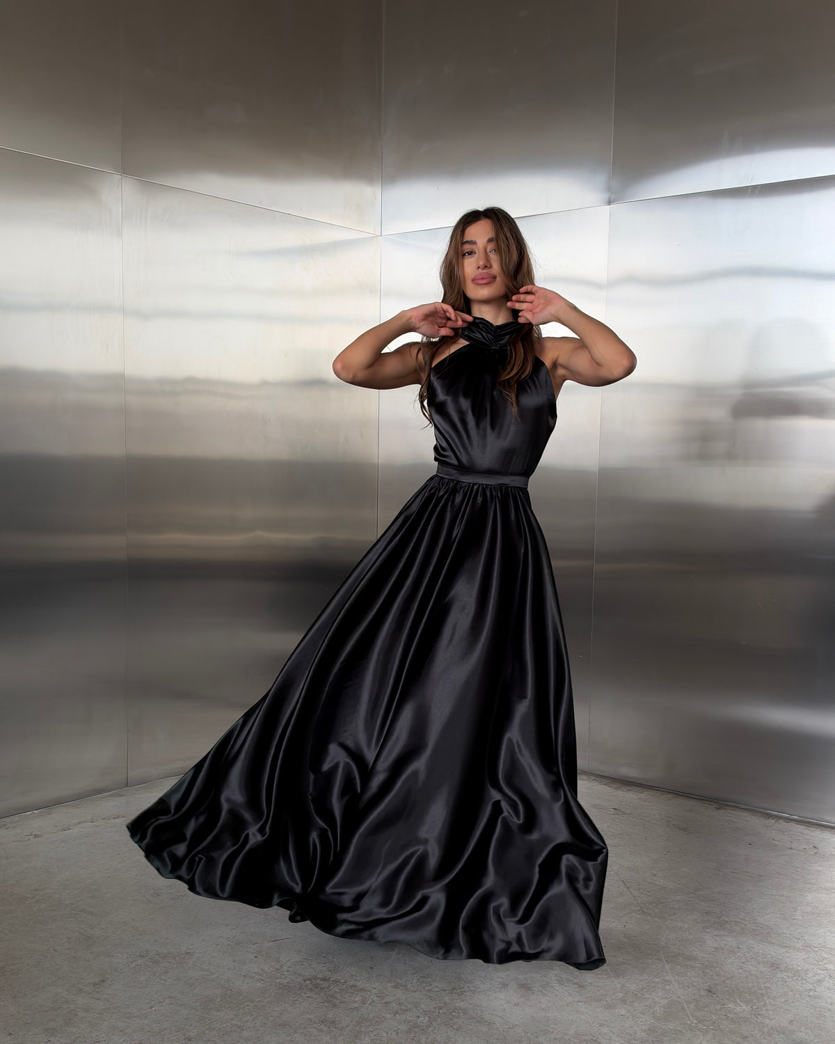Dali Black Satin Halter Neck Maxi Dress