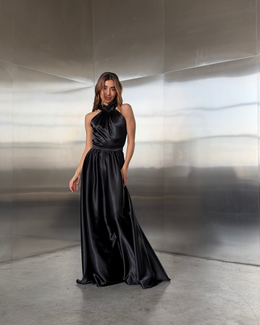 Dali Black Satin Halter Neck Maxi Dress