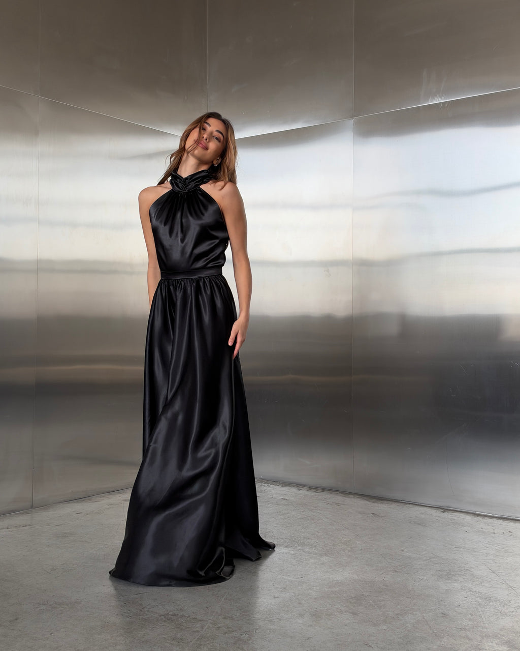 Dali Black Satin Halter Neck Maxi Dress
