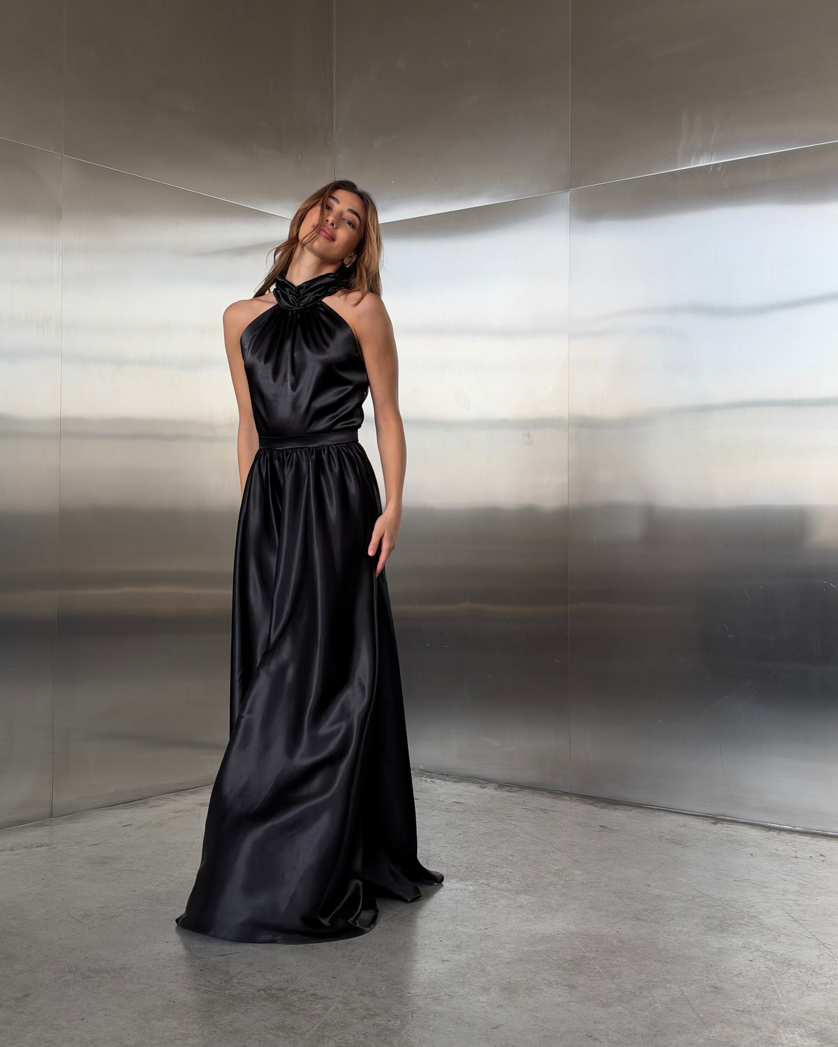 Dali Black Satin Halter Neck Maxi Dress