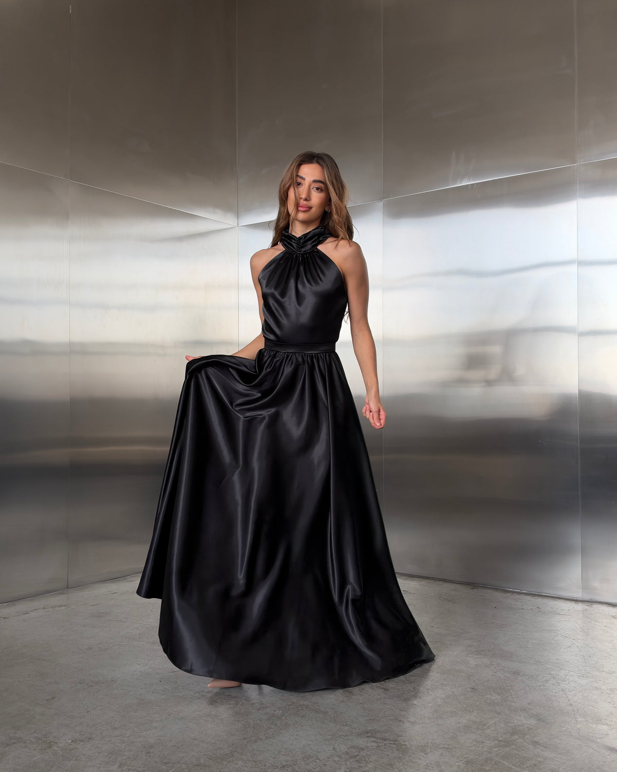 Dali Black Satin Halter Neck Maxi Dress