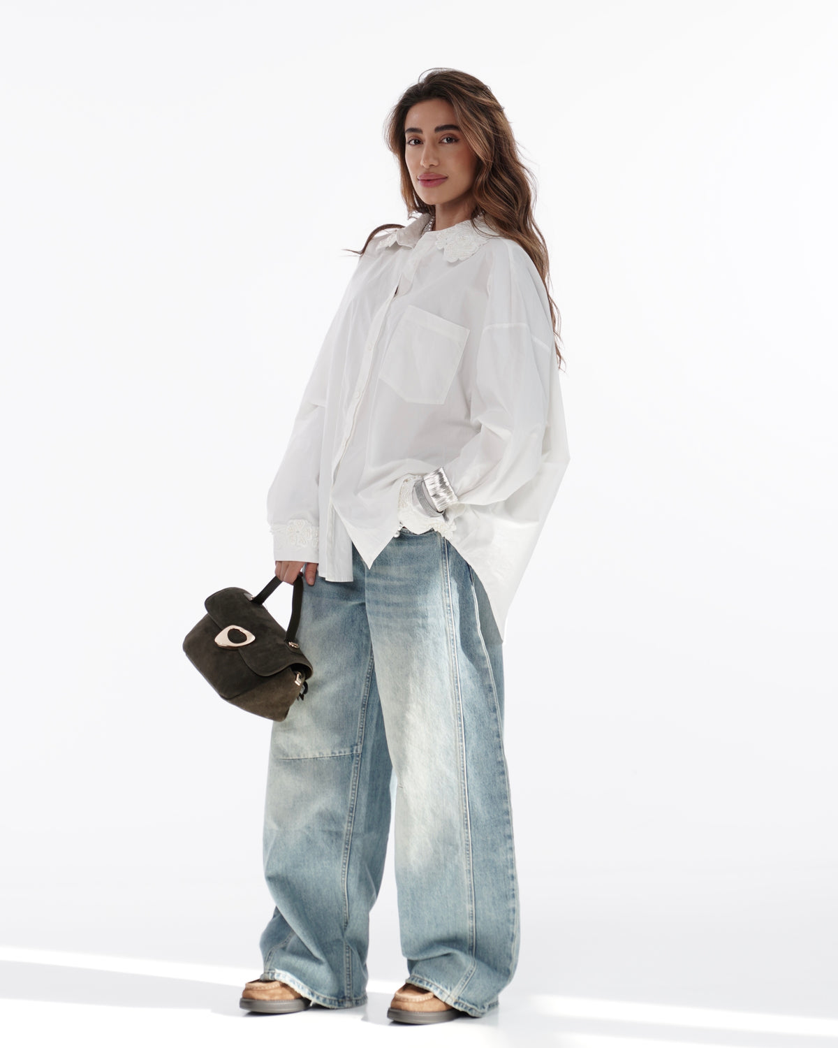 White Pearl-Embellished Lace Collar Shirt