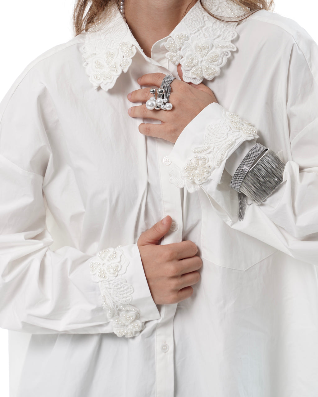 White Pearl-Embellished Lace Collar Shirt