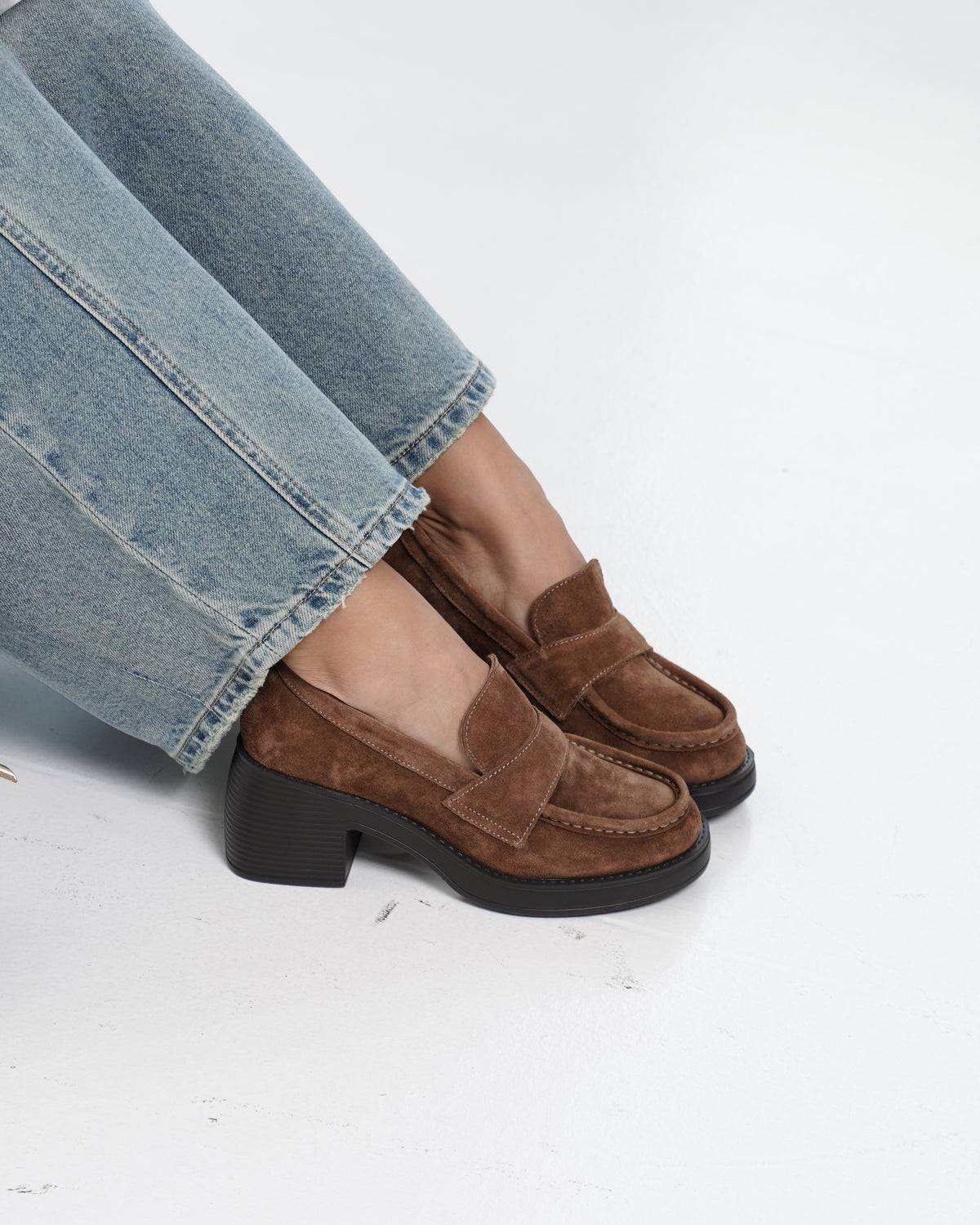 Brown Suede Leather Block Heel Loafers