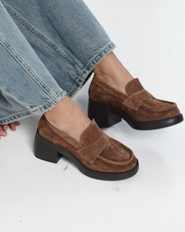 Brown Suede Leather Block Heel Loafers