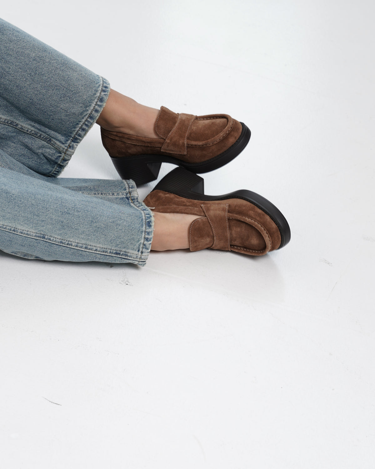 Brown Suede Leather Block Heel Loafers