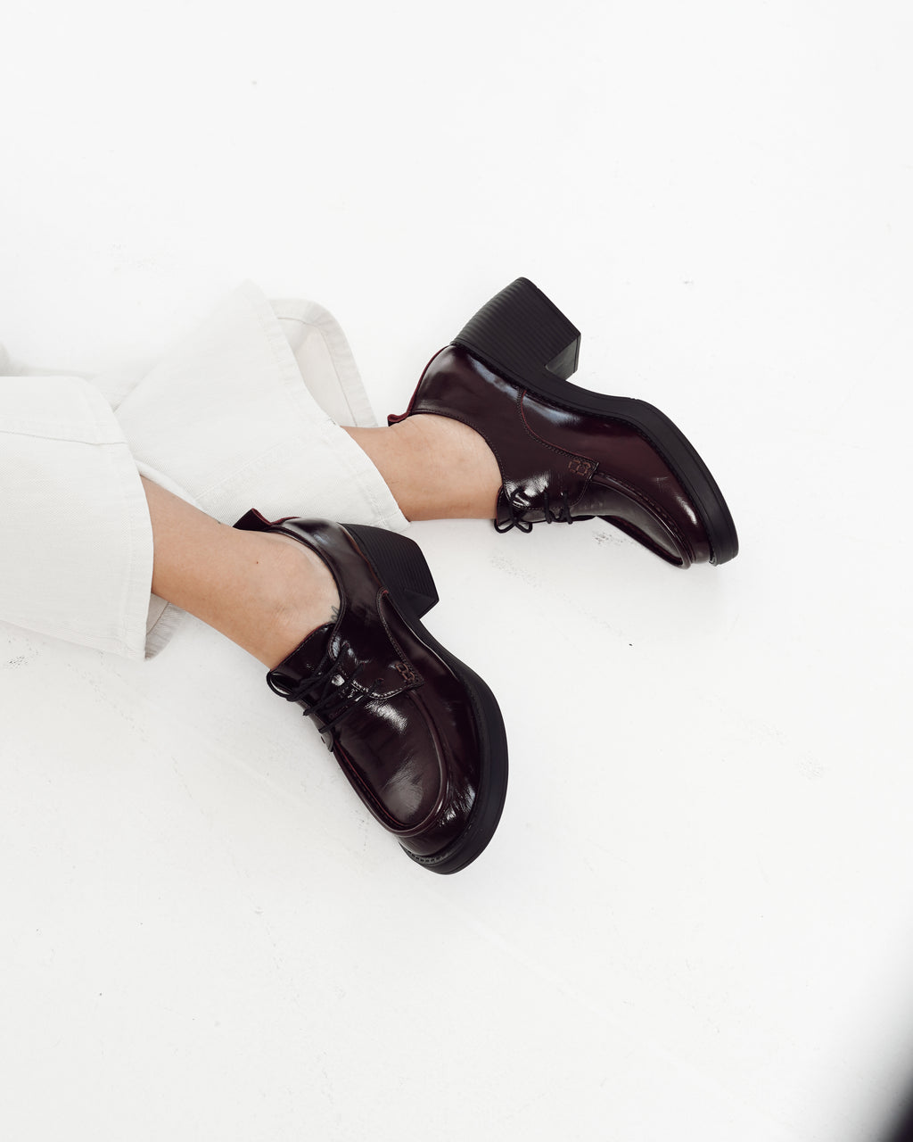 Burgundy Patent Lace-Up Block Heel Loafers