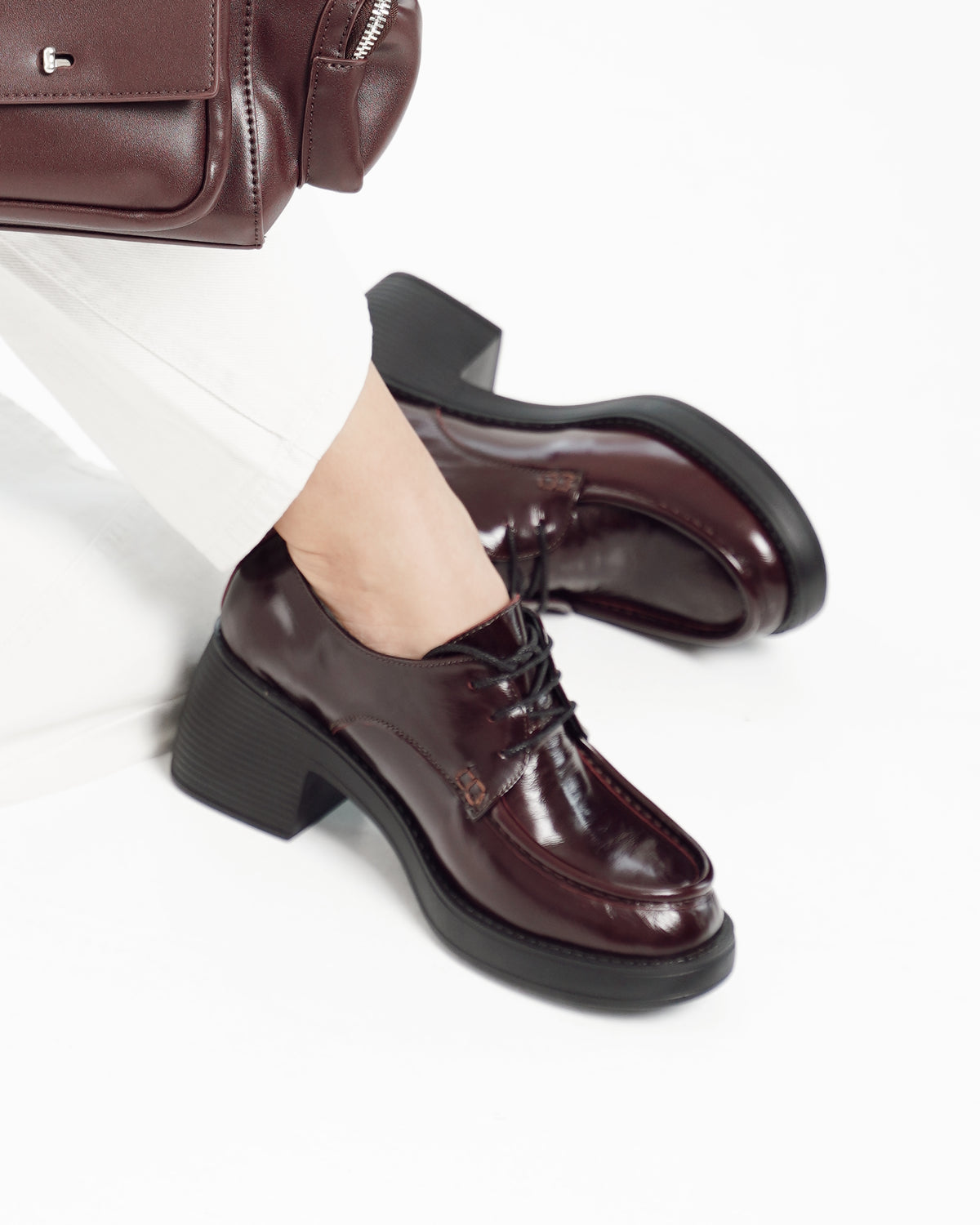 Burgundy Patent Lace-Up Block Heel Loafers