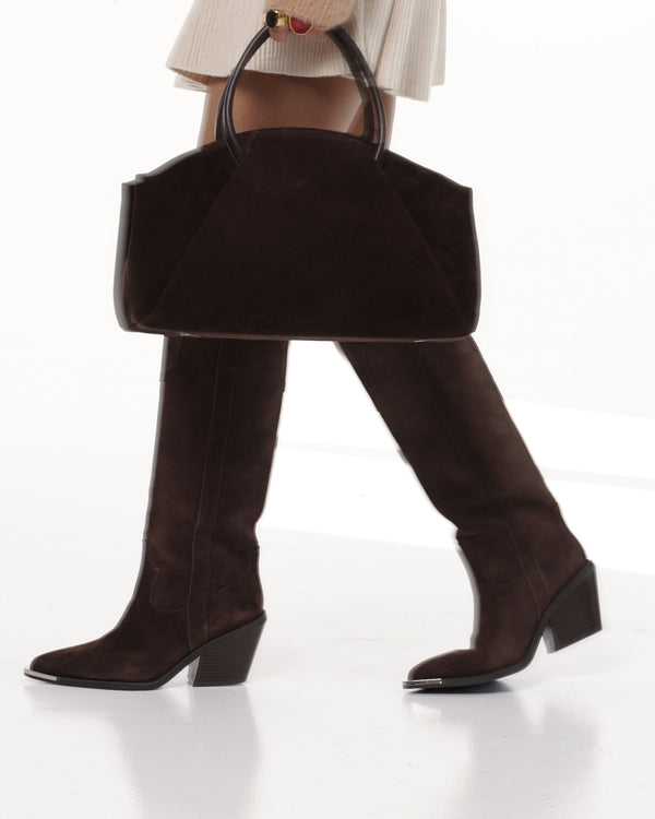 Brown Suede-Effect Western Knee-High Boots