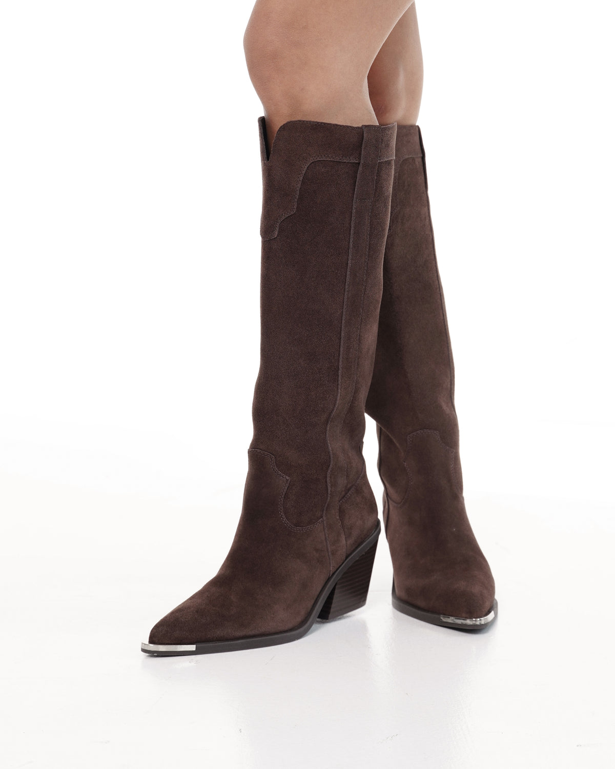 Brown Suede-Effect Western Knee-High Boots