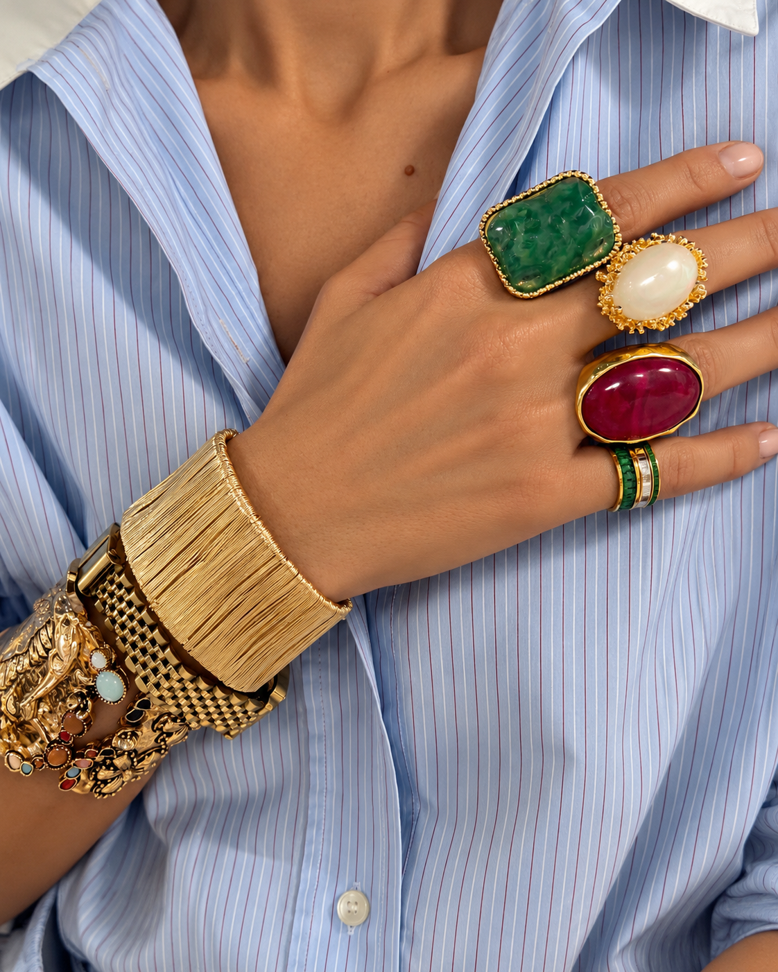 Green Marble-Effect Gold-Tone Statement Ring