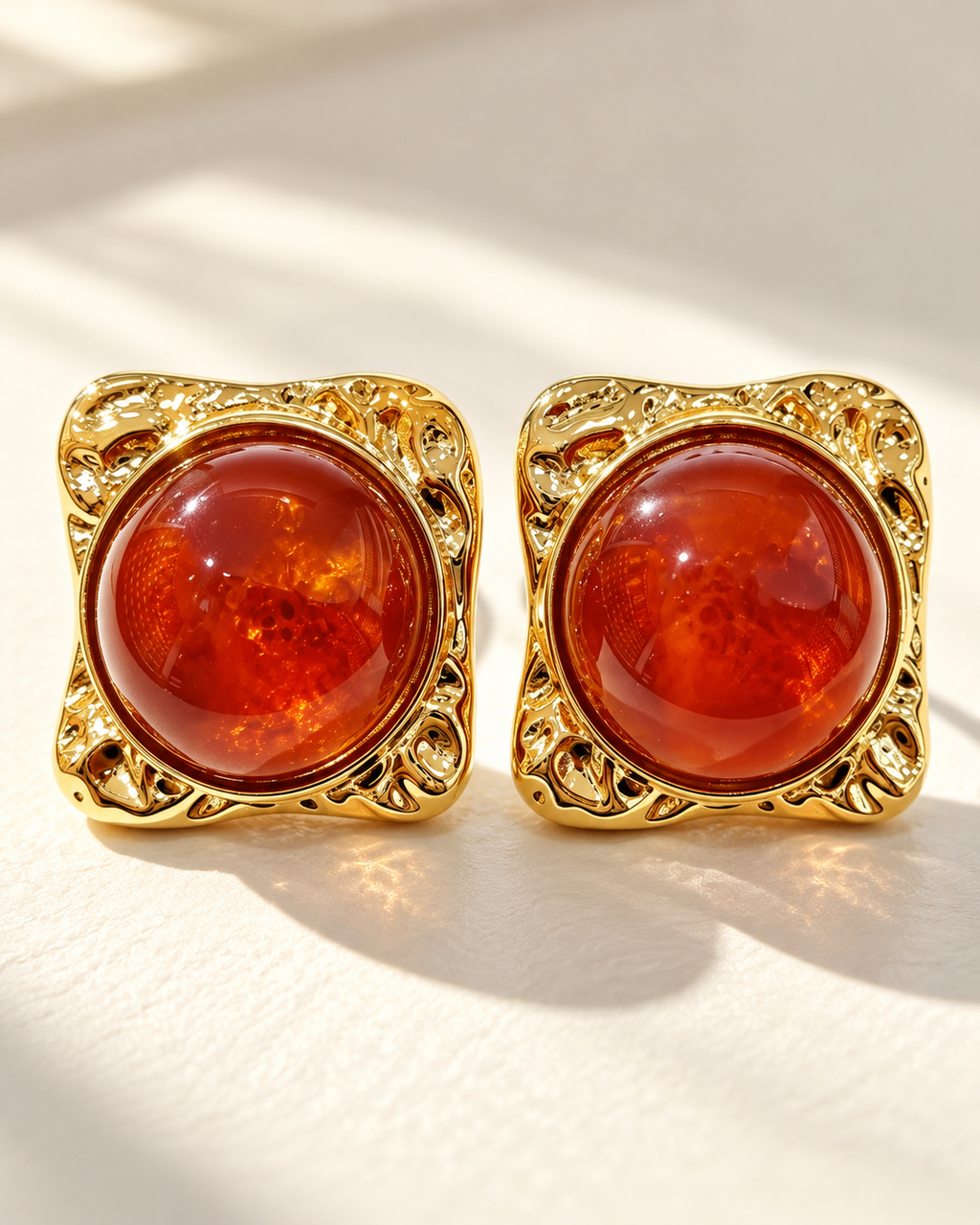 Red Amber-Effect Gold-Tone Square Stud Earrings