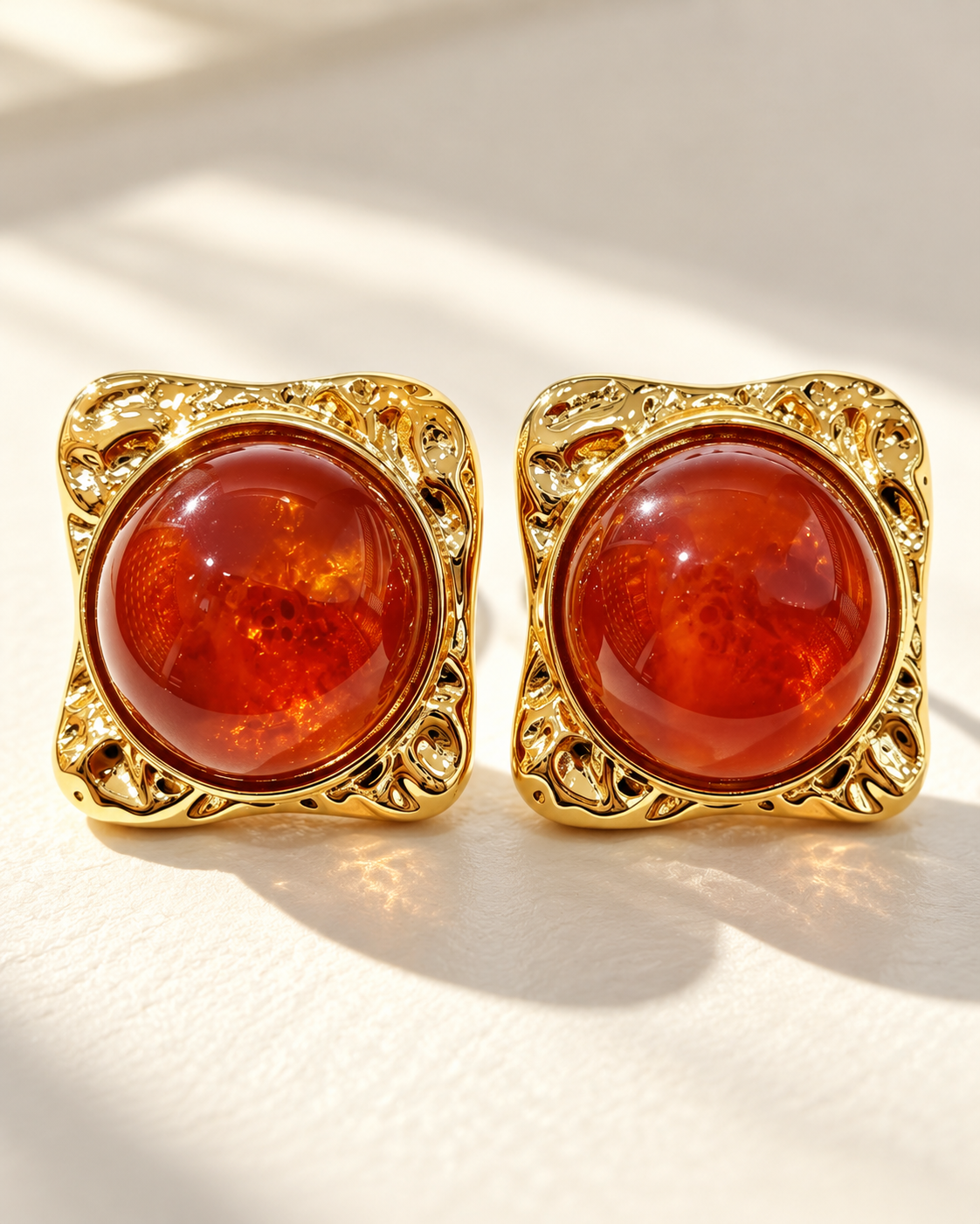 Red Amber-Effect Gold-Tone Square Stud Earrings