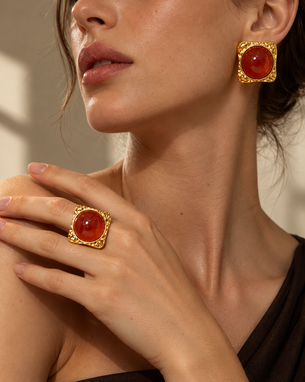 Red Amber-Effect Gold-Tone Statement Ring