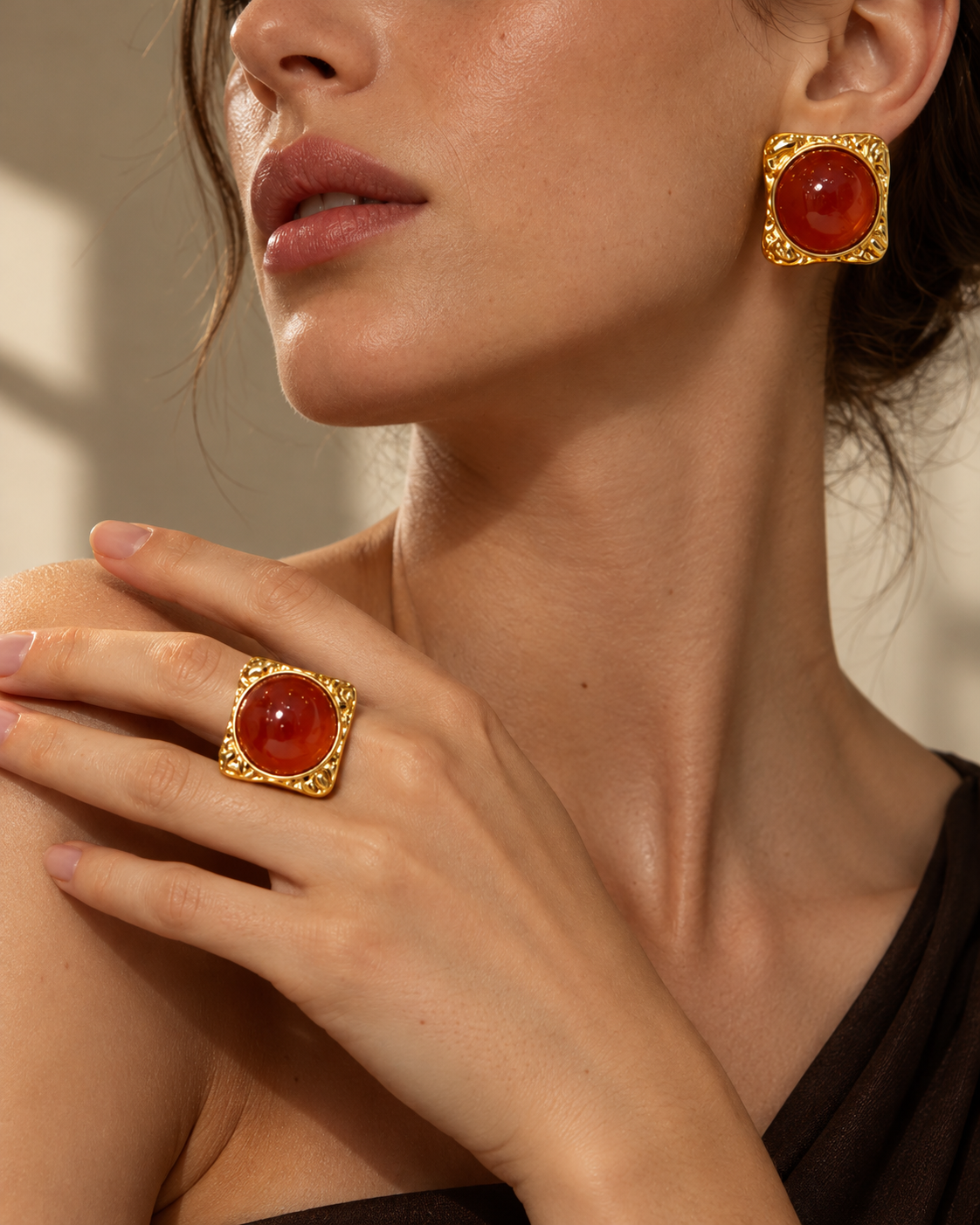 Red Amber-Effect Gold-Tone Statement Ring