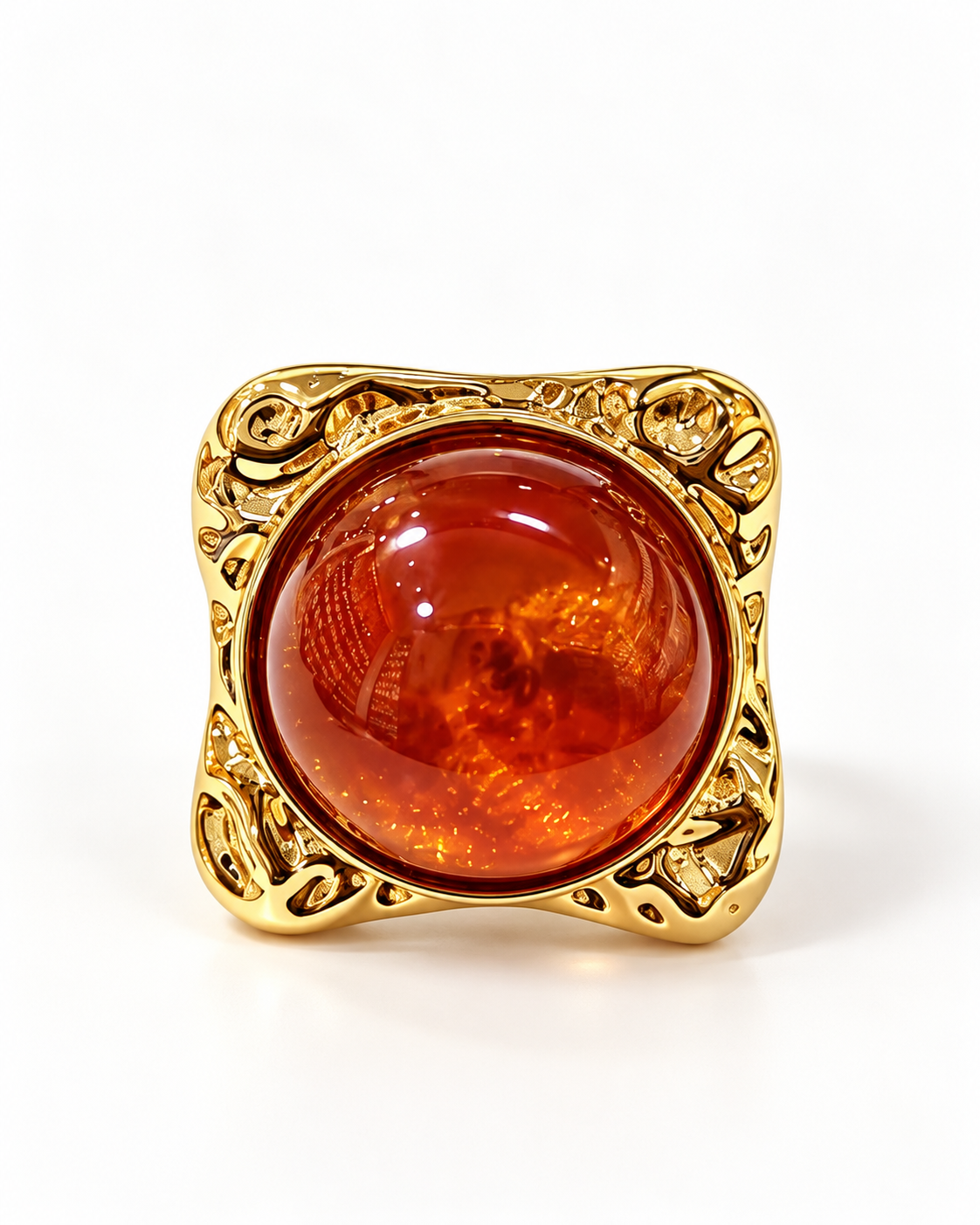Red Amber-Effect Gold-Tone Statement Ring