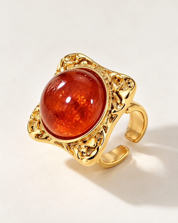Red Amber-Effect Gold-Tone Statement Ring