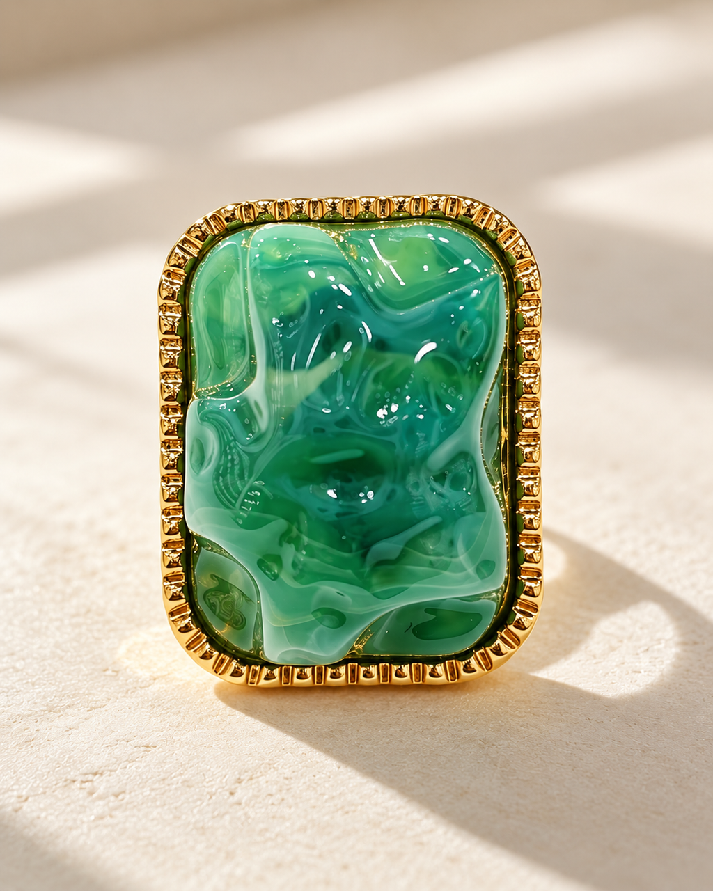 Green Marble-Effect Gold-Tone Statement Ring