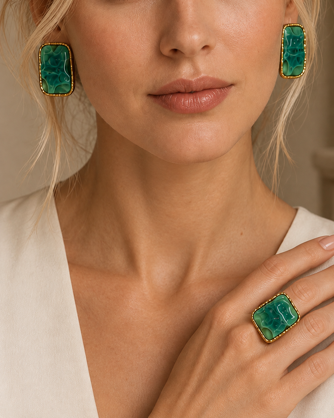 Green Marble-Effect Gold-Tone Statement Earrings