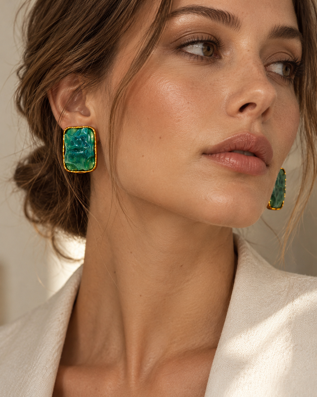 Green Marble-Effect Gold-Tone Statement Earrings