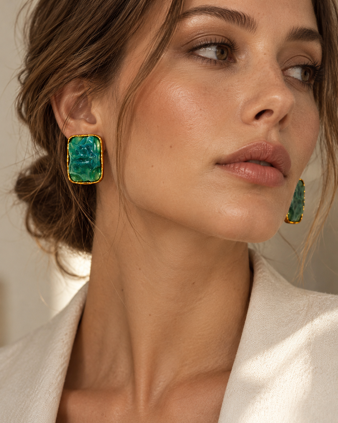 Green Marble-Effect Gold-Tone Statement Earrings