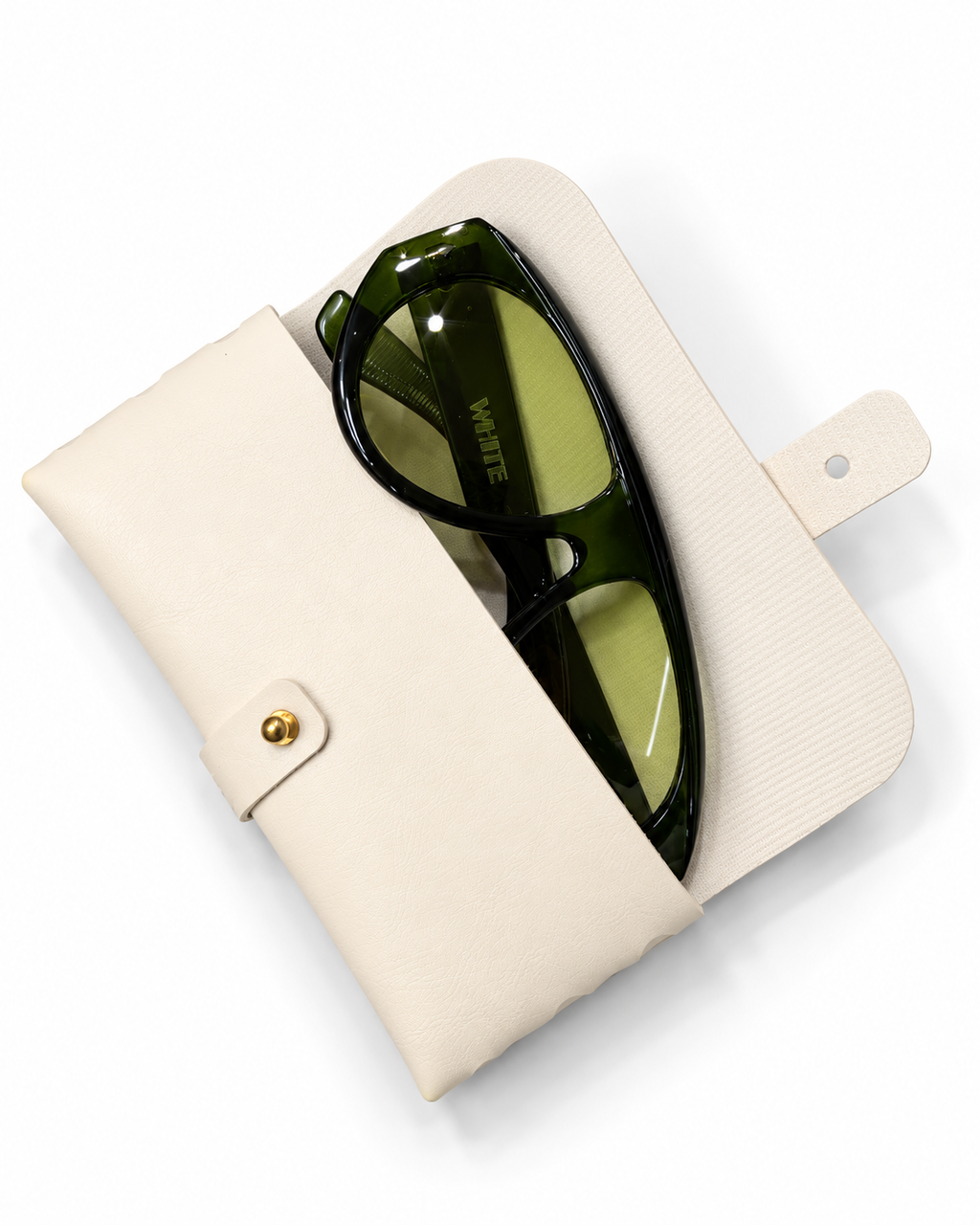 Olive green retro sunglasses displayed inside a cream protective case