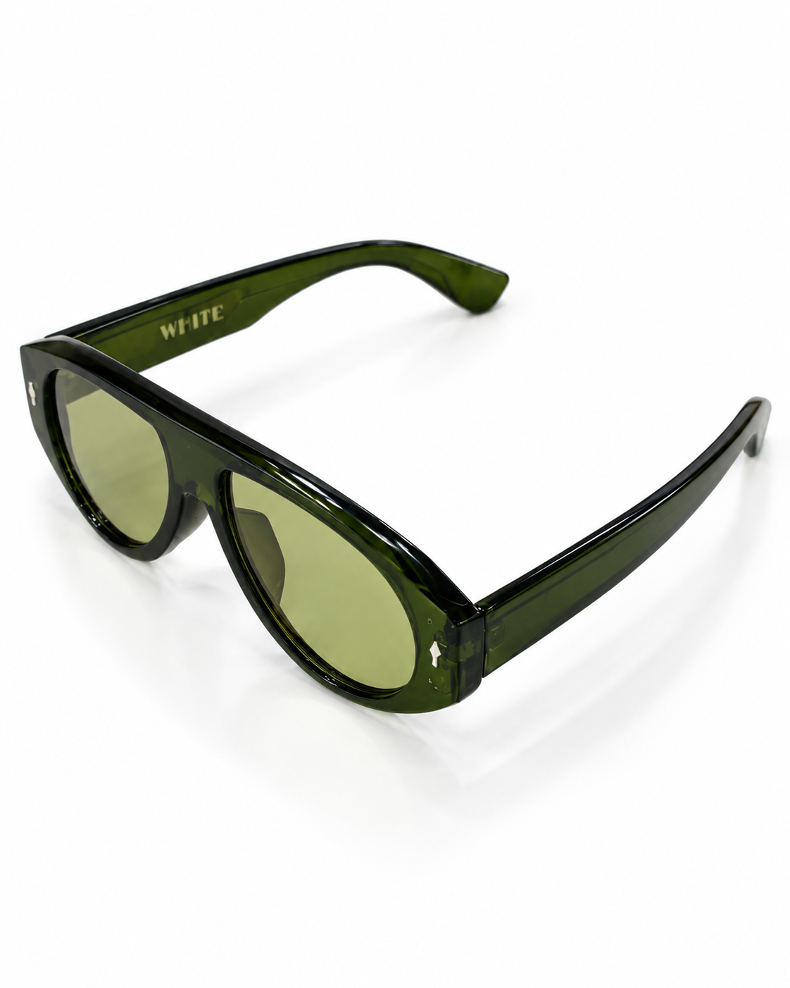 Close-up of translucent olive green sunglasses showing glossy finish and frame details