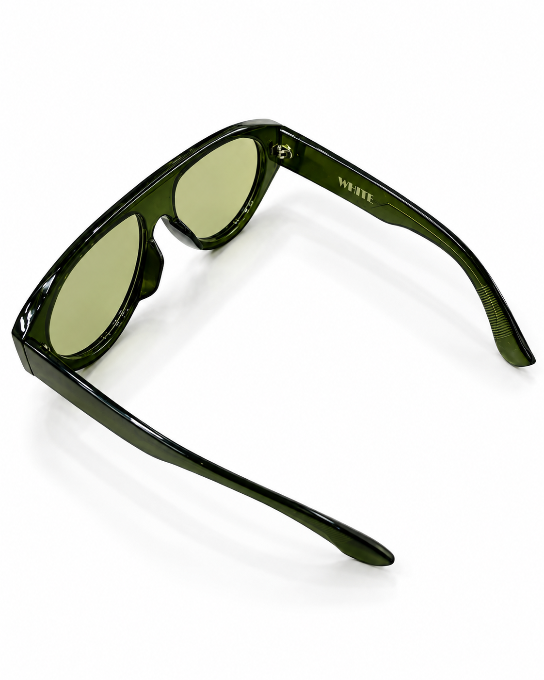 Olive green sunglasses with chunky geometric frame and wide temples, side view