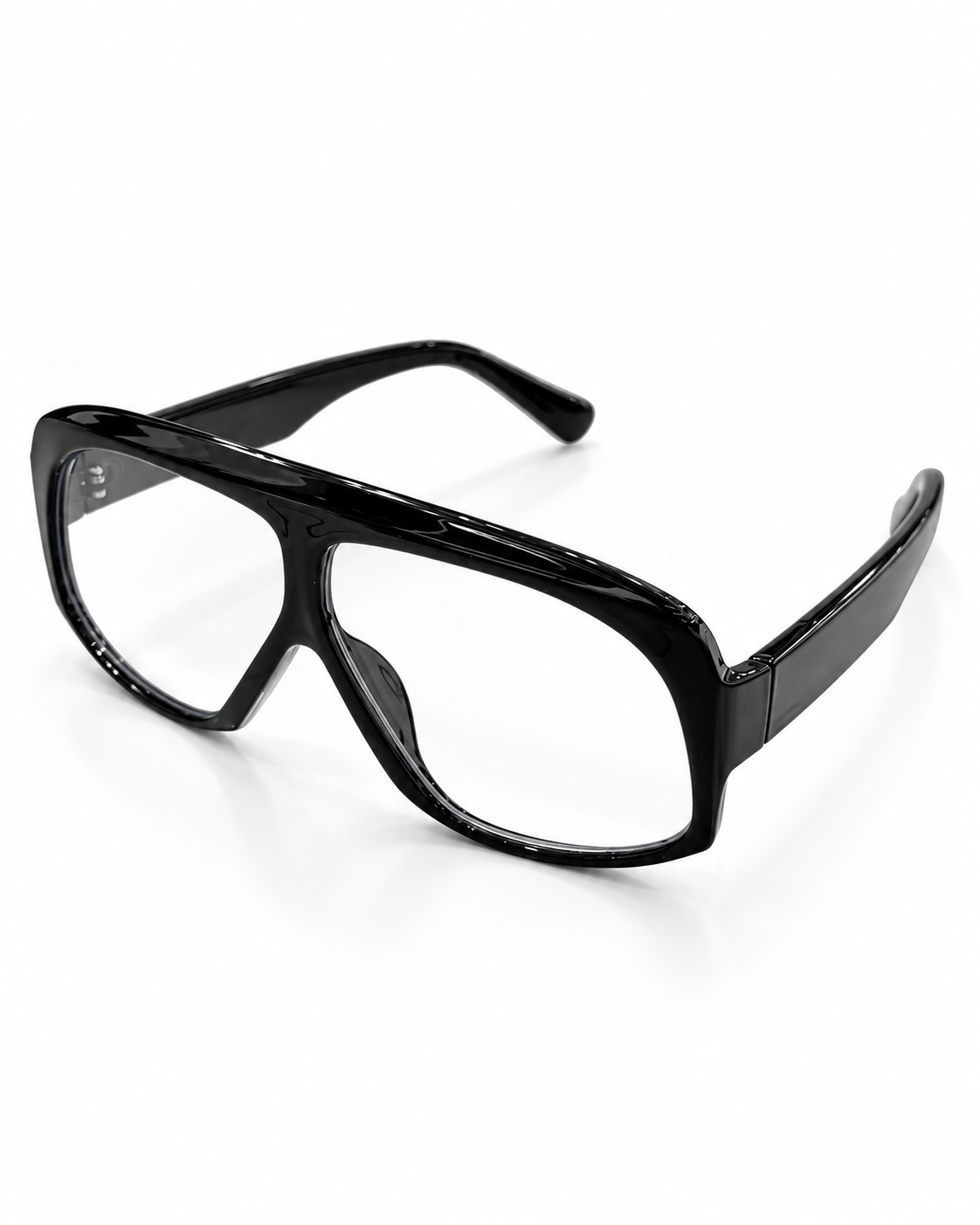 WHITE oversized black square frame glasses with clear lenses, front view