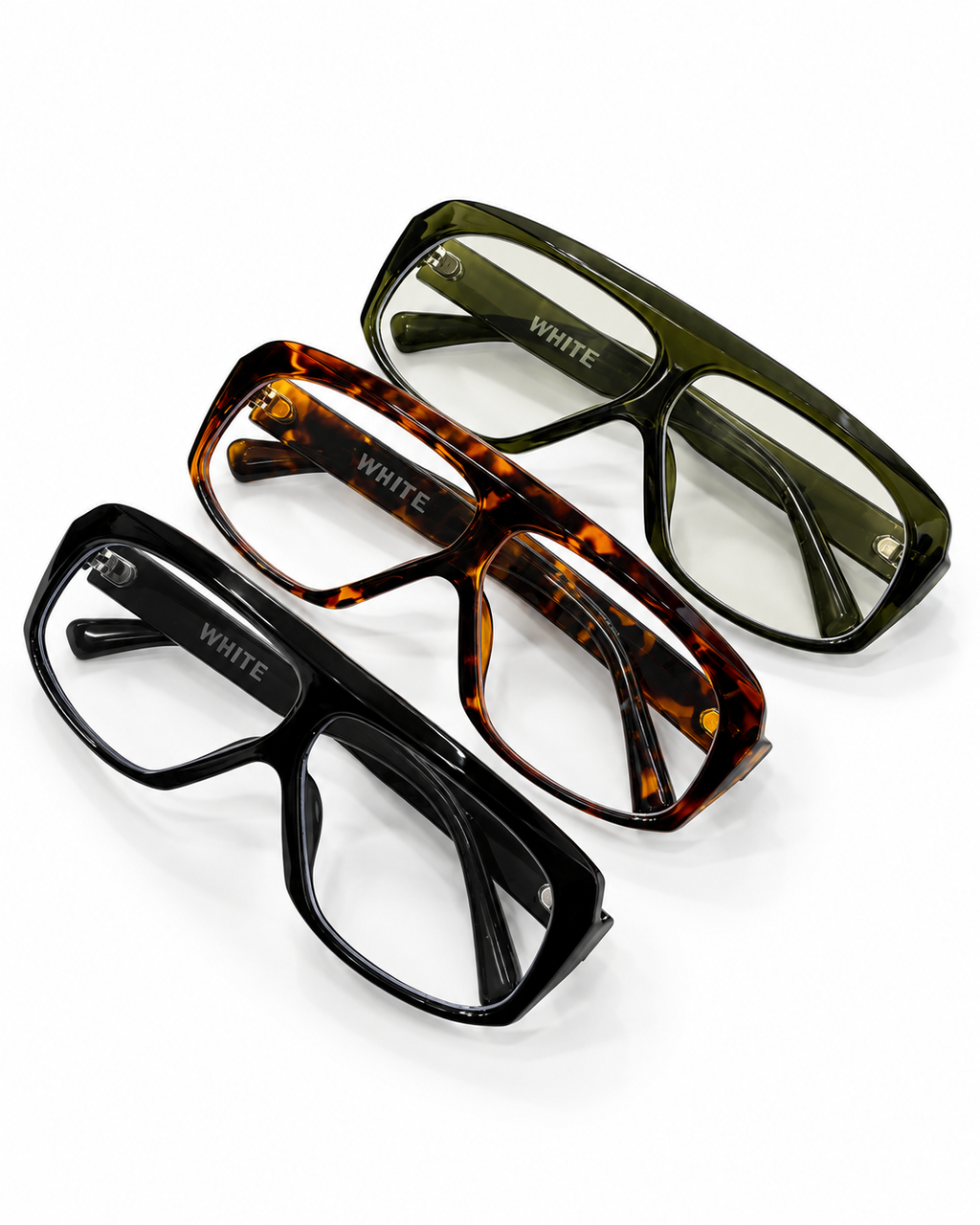 WHITE oversized square glasses in black, tortoiseshell, and olive green