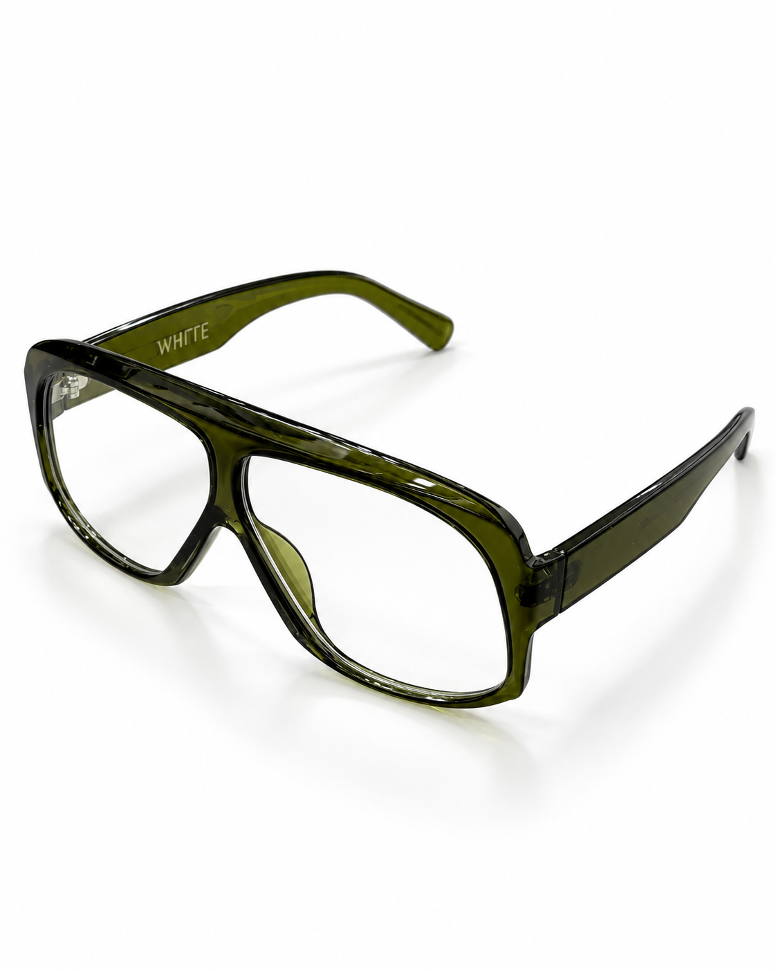 WHITE oversized olive green square frame glasses displayed inside an open cream protective case