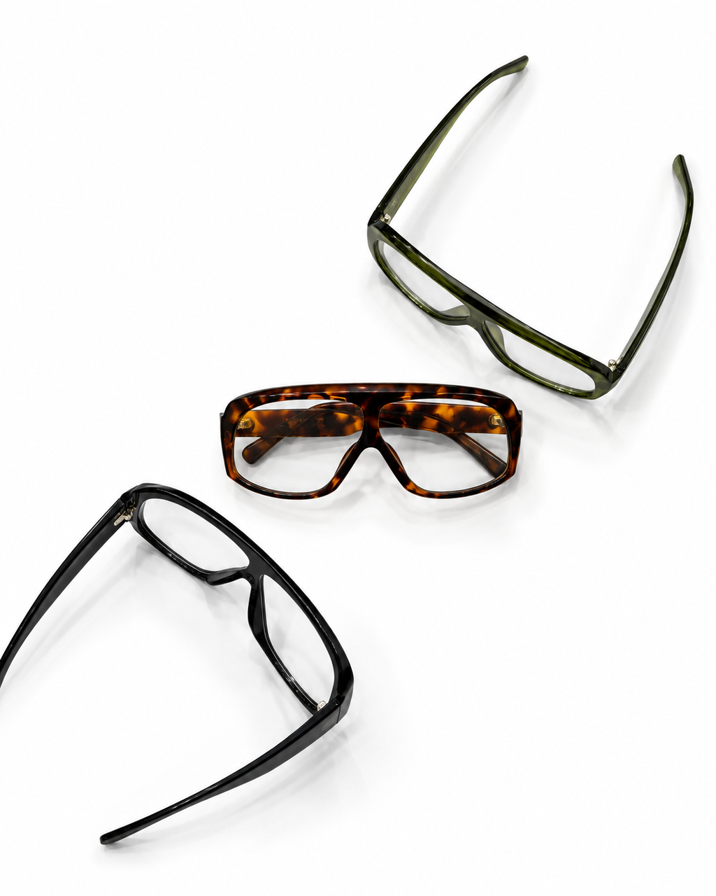 WHITE oversized square glasses in black, tortoiseshell, and olive green