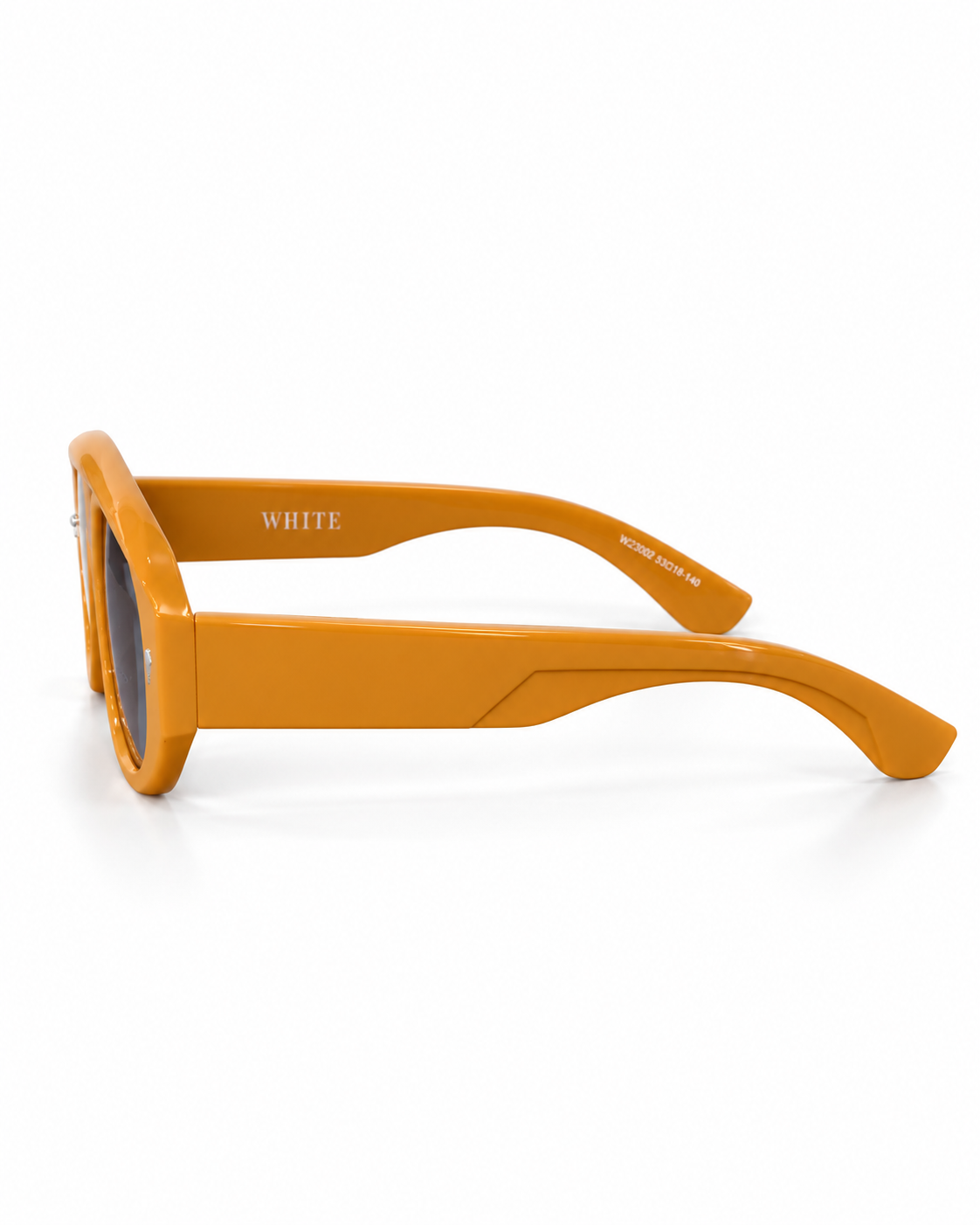 Side view of orange retro sunglasses with wide temples