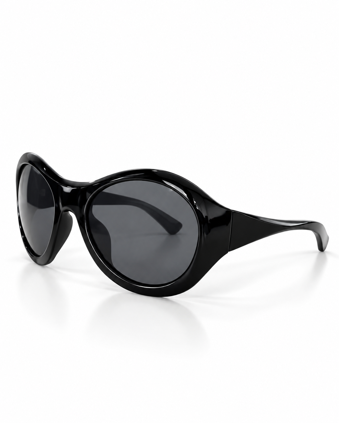 Black oversized oval sunglasses with glossy thick frames and dark grey UV400 lenses, side view.
