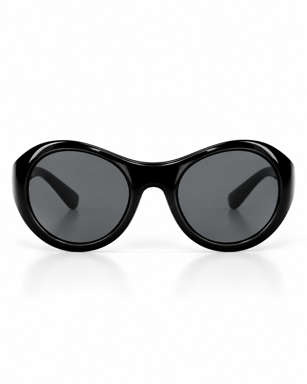 Black oversized oval sunglasses featuring a sculptural glossy frame and dark grey lenses, front view.