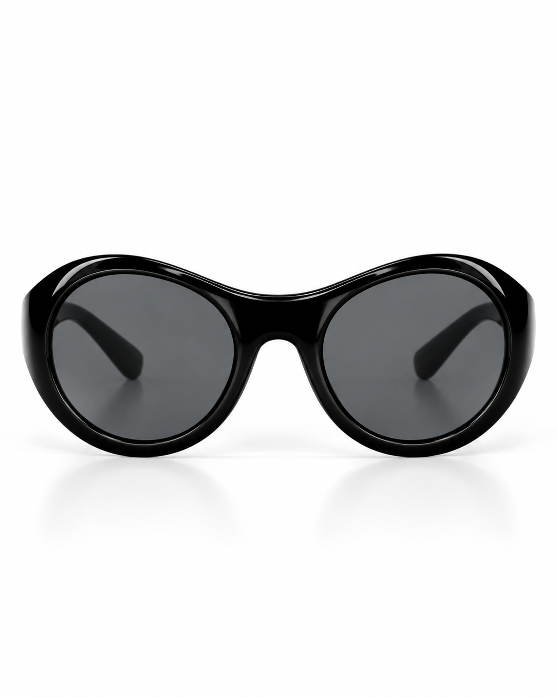 Black oversized oval sunglasses featuring a sculptural glossy frame and dark grey lenses, front view.