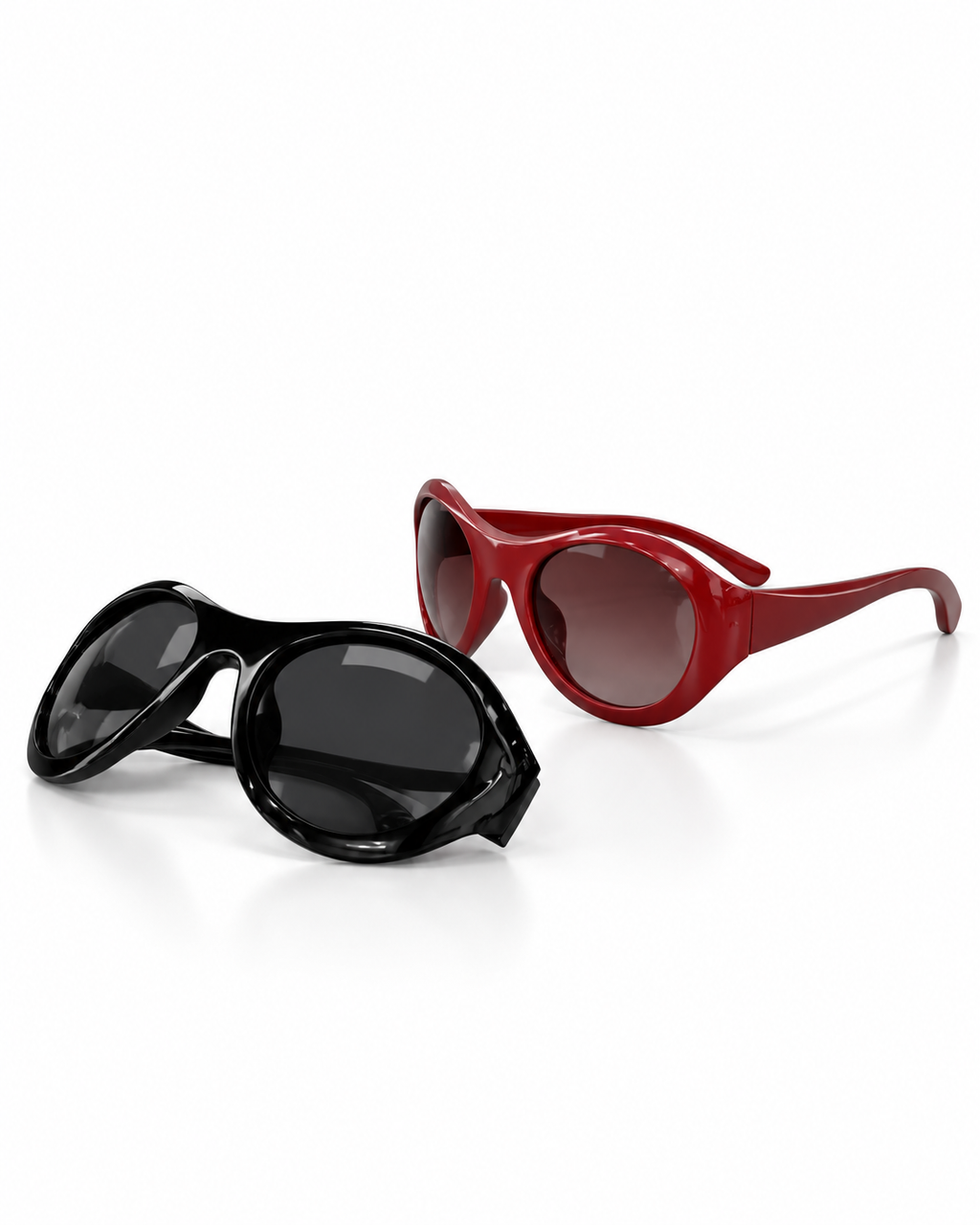 Bold red oval sunglasses with oversized rounded frames, tinted lenses and UV400 sun protection.