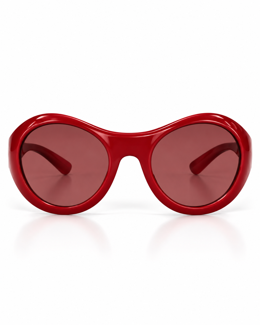 Red oversized oval sunglasses with a glossy statement frame and tinted red lenses, front view.