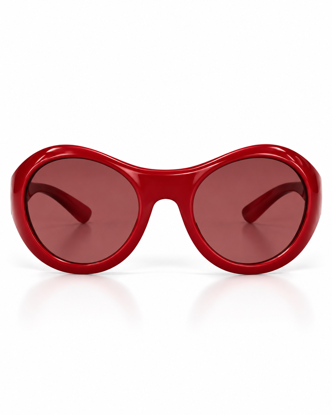Red oversized oval sunglasses with a glossy statement frame and tinted red lenses, front view.