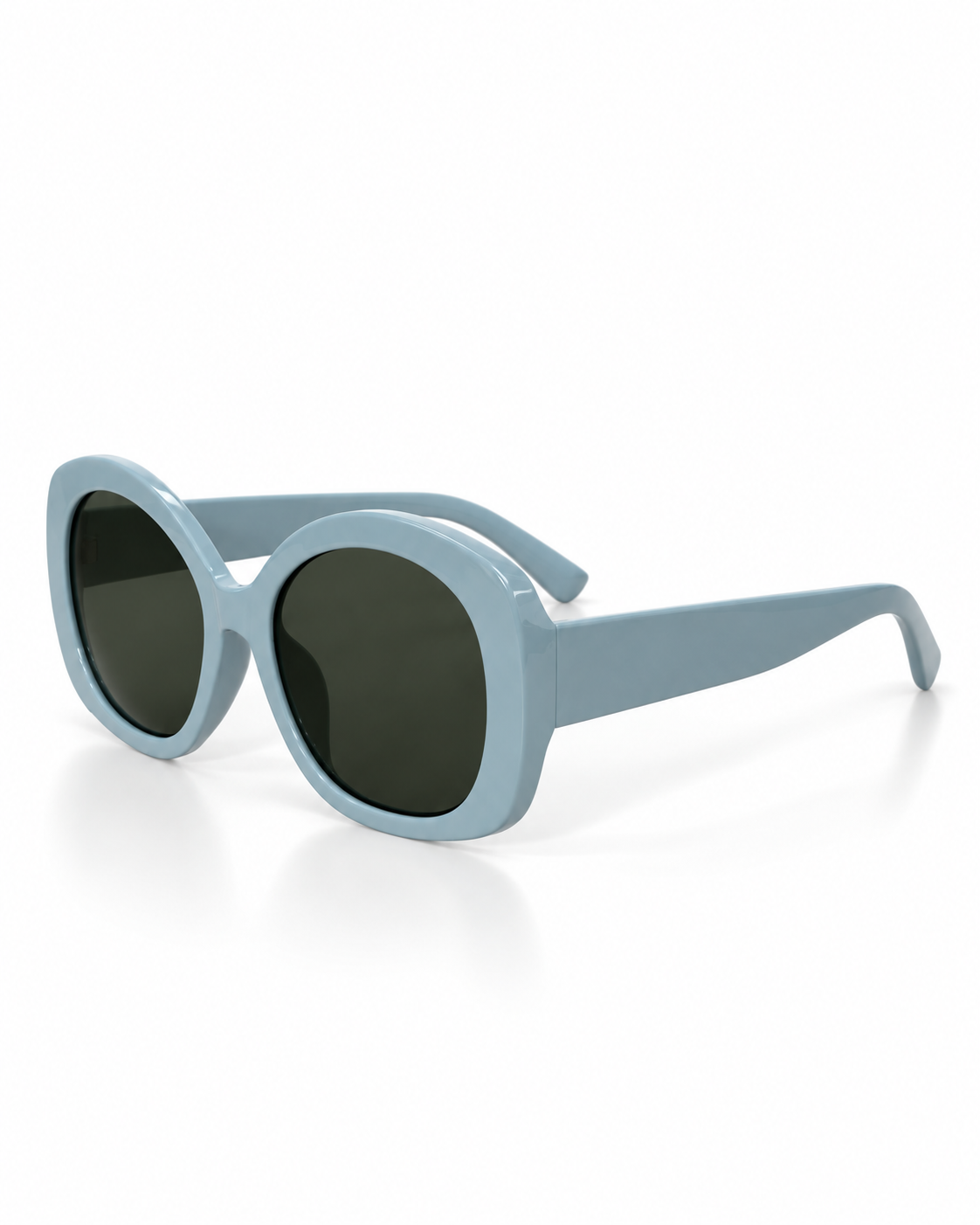 Light blue oversized geometric sunglasses with glossy thick frames, dark lenses and UV400 protection, angled side view.