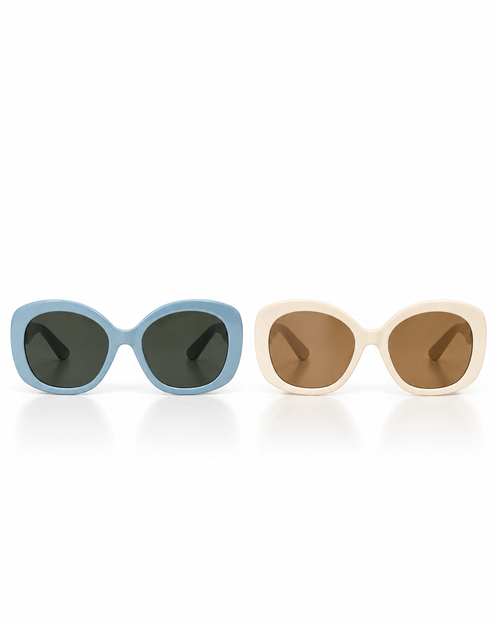 Oversized geometric sunglasses in light blue with dark lenses and cream with brown-tinted lenses, front view.