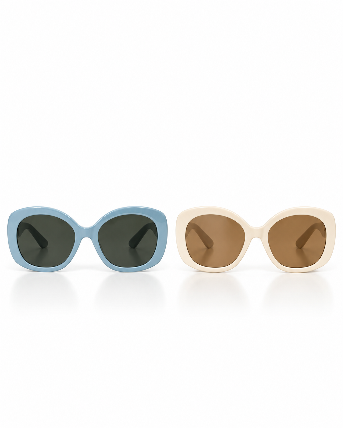 Oversized geometric sunglasses in light blue with dark lenses and cream with brown-tinted lenses, front view.
