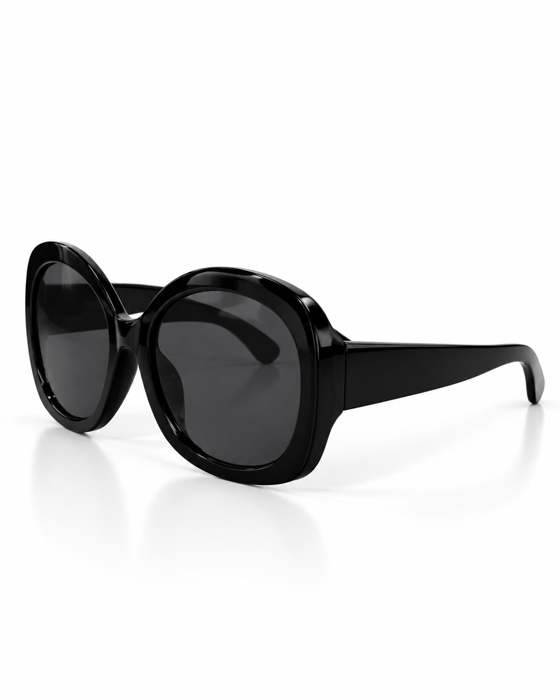 Glossy black oversized geometric sunglasses with dark UV400 lenses, photographed from above.