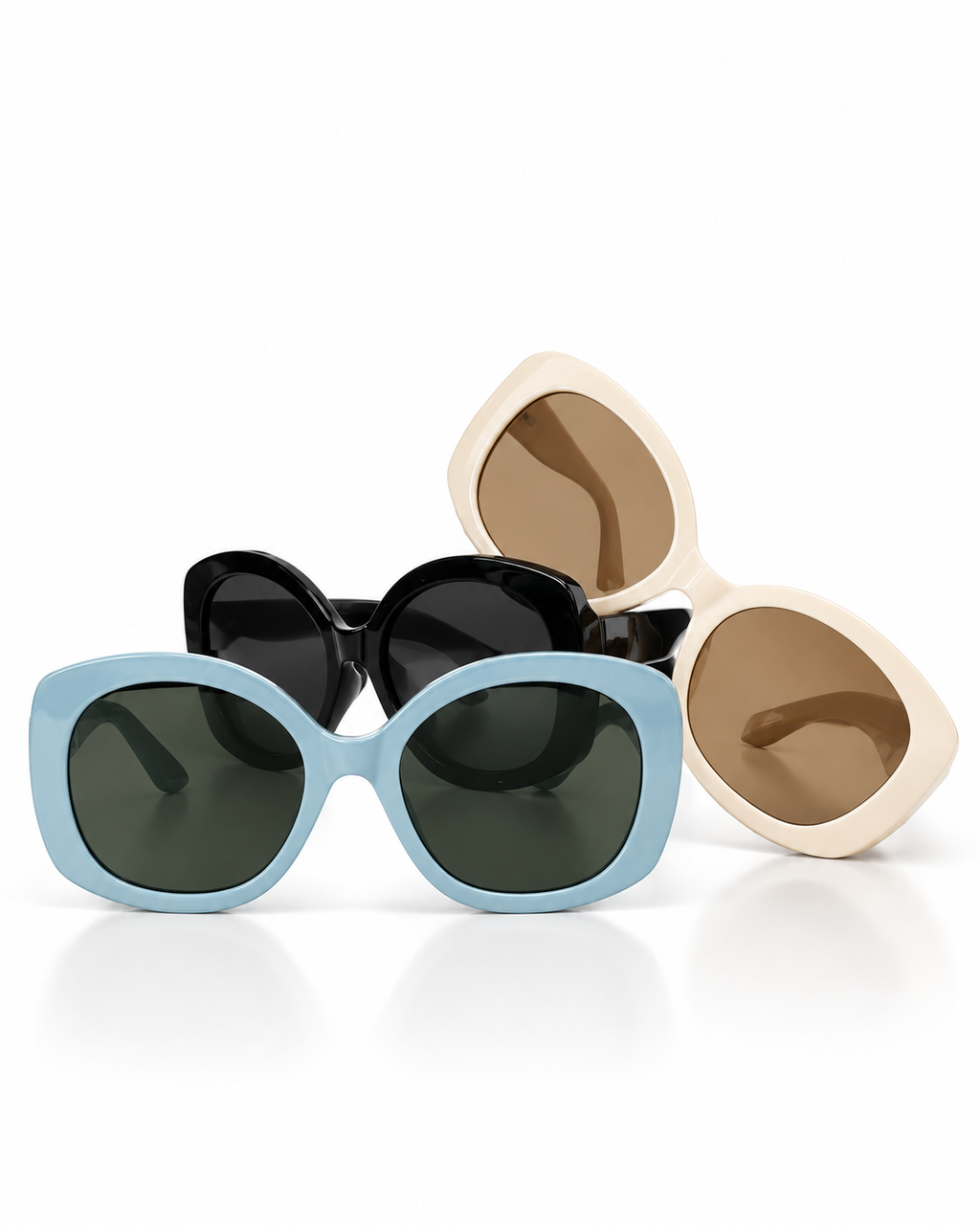 WHITE oversized geometric sunglasses in light blue, black and cream with tinted UV400 lenses.