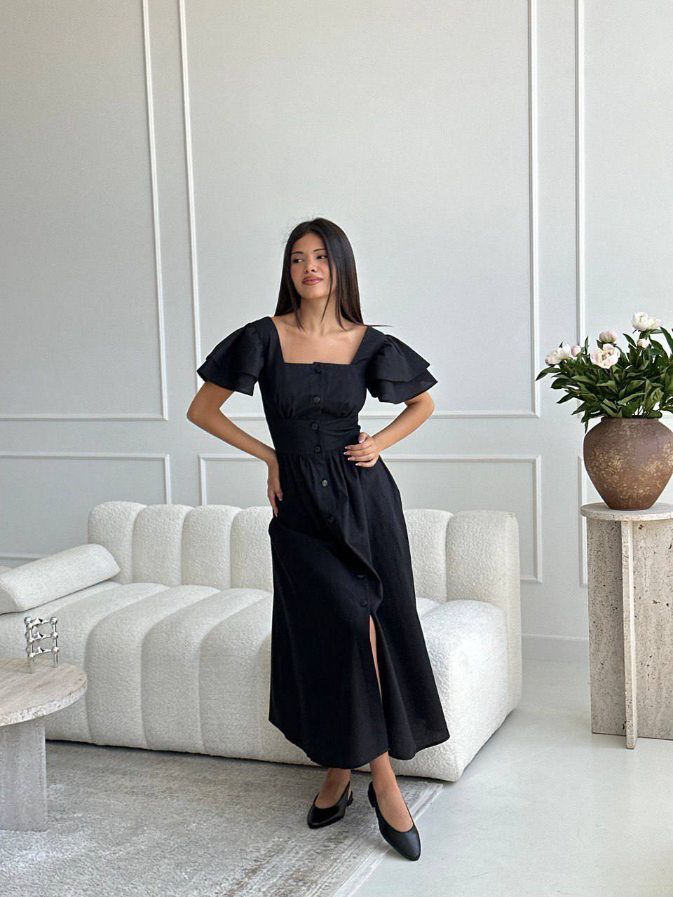 Belle Square-Neck Button Midi Dress